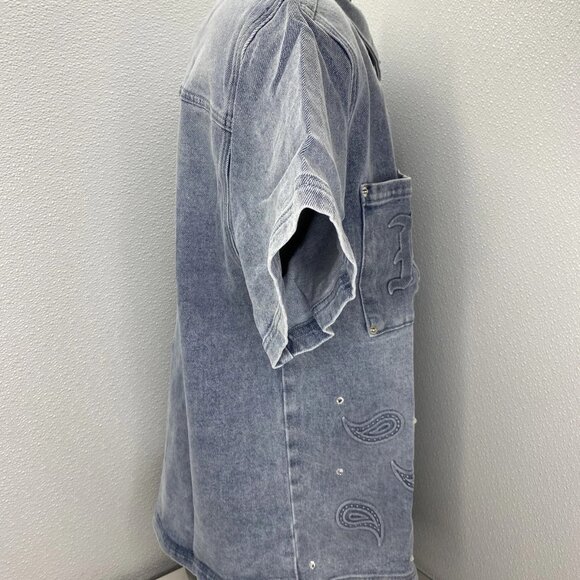 NEW MIXED EMOTION Paisley Denim Short-Sleeve Snap-Down Shirt – Blue – Size M - Picture 11 of 15